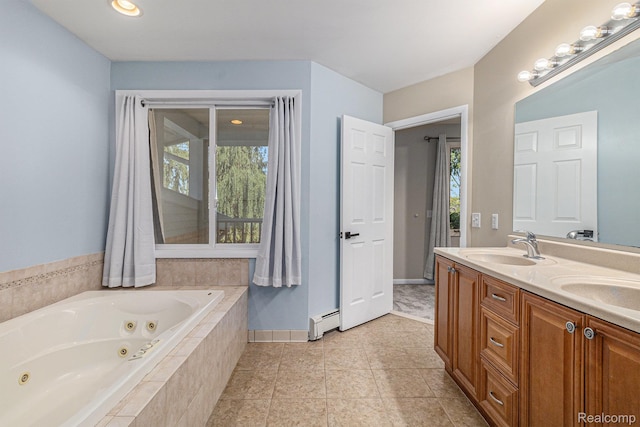 2145 Helmsford Dr, Wolverine Lake, MI 48390 - full bathroom featuring baseboard heating, a jetted tub, double vanity, and tile patterned flooring