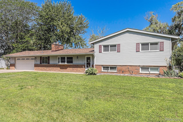 2145 Helmsford Dr, Wolverine Lake, MI 48390 - split level home featuring a garage, brick siding, a front yard, a chimney, and concrete driveway