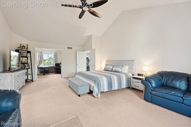 47451 Wallingford Ct, Canton, MI 48188 - bedroom featuring light colored carpet, high vaulted ceiling, and a ceiling fan