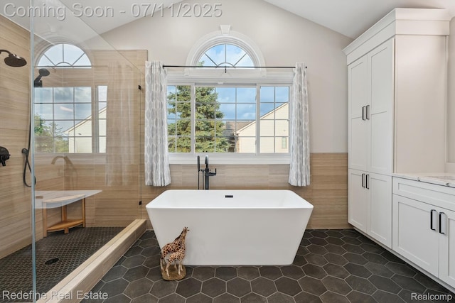 47451 Wallingford Ct, Canton, MI 48188 - bathroom with a stall shower, plenty of natural light, tile patterned flooring, a freestanding bath, and lofted ceiling