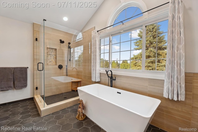 47451 Wallingford Ct, Canton, MI 48188 - bathroom featuring a freestanding bath, healthy amount of natural light, tile patterned floors, tile walls, and a stall shower