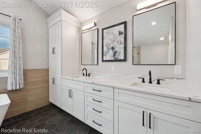 47451 Wallingford Ct, Canton, MI 48188 - bathroom featuring double vanity, tile patterned flooring, and a soaking tub