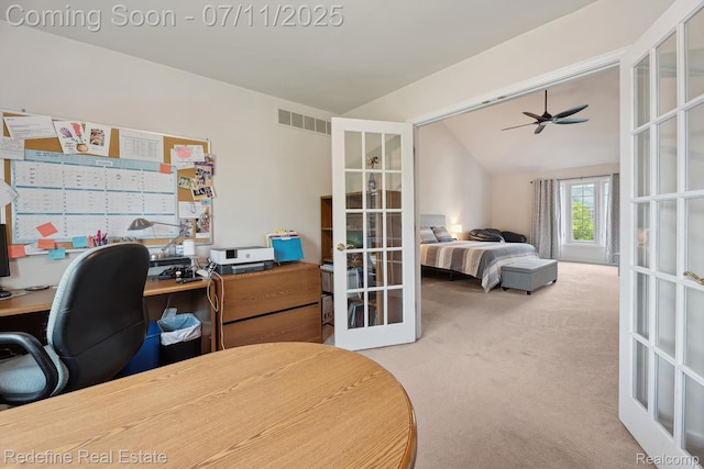 47451 Wallingford Ct, Canton, MI 48188 - office area with french doors, carpet floors, a ceiling fan, and vaulted ceiling