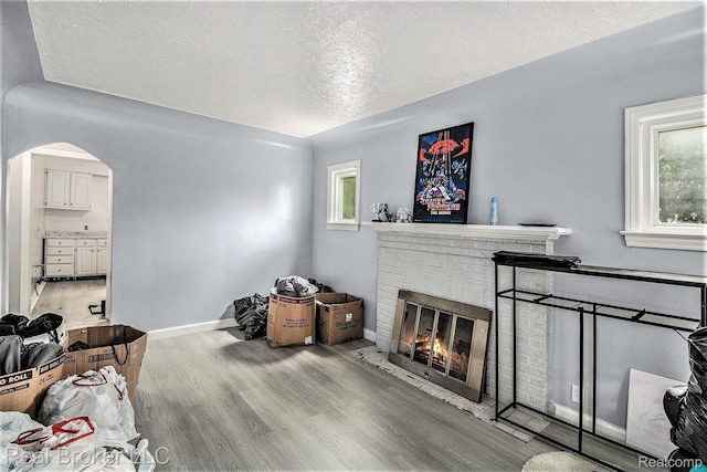 13576 Warwick St, Detroit, MI 48223 - living room featuring a brick fireplace, wood finished floors, arched walkways, healthy amount of natural light, and a textured ceiling