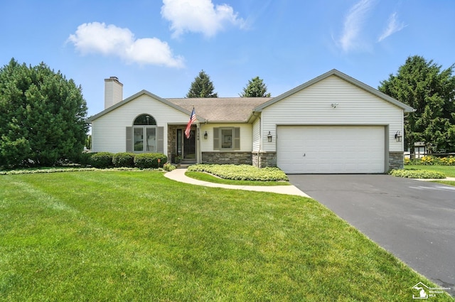 7369 Apple Grove Ln, Temperance, MI 48182 - single story home with stone siding, an attached garage, a front lawn, a chimney, and concrete driveway