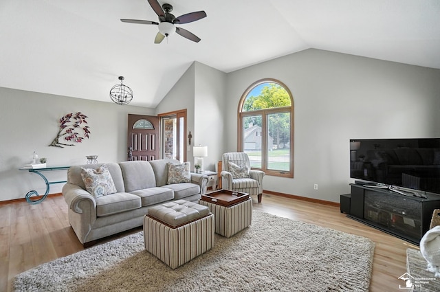 7369 Apple Grove Ln, Temperance, MI 48182 - living area with lofted ceiling, a ceiling fan, and light wood-type flooring