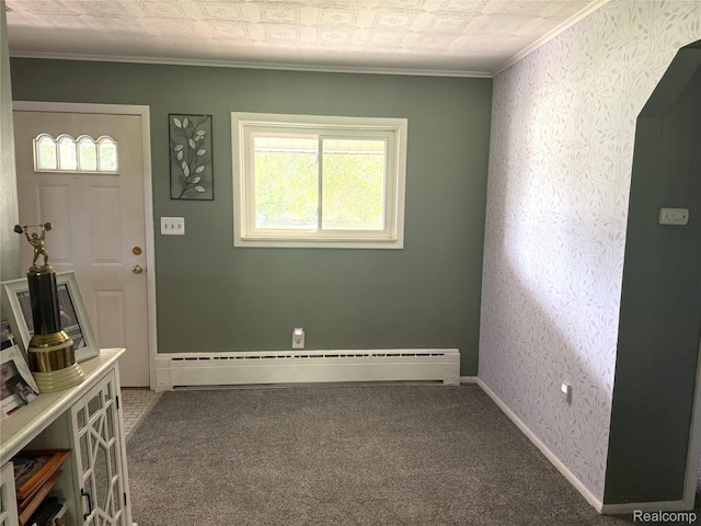 25830 Matilda Ave, Trenton, MI 48134 - entryway with a baseboard heating unit, carpet flooring, and ornamental molding