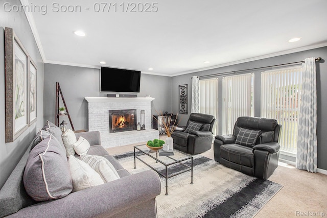 45209 Greenbriar Dr, Van Buren, MI 48111 - carpeted living area featuring plenty of natural light, a brick fireplace, crown molding, and recessed lighting
