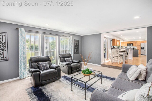 45209 Greenbriar Dr, Van Buren, MI 48111 - living room with light carpet, recessed lighting, and crown molding