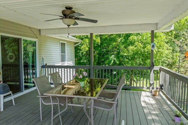 14165 Crampton Rd, Camden, MI 49232 - wooden terrace with a ceiling fan and outdoor dining space