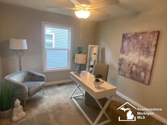 8260 Grande Lake Cir, Temperance, MI 48182 - office area featuring ceiling fan and carpet flooring