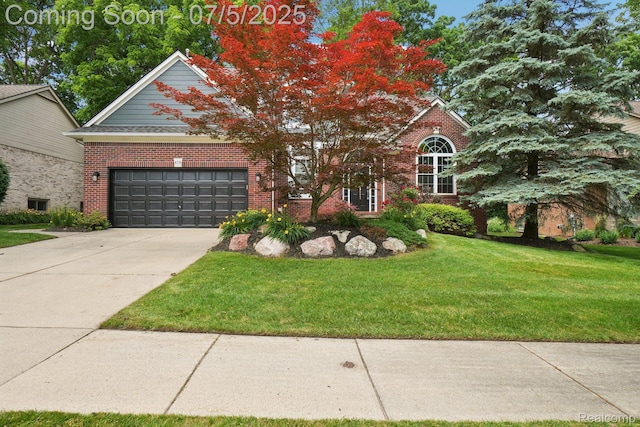 678 Twin Oaks Ct, Rochester Hills, MI 48307 - view of front facade featuring brick siding, a front yard, driveway, and a garage