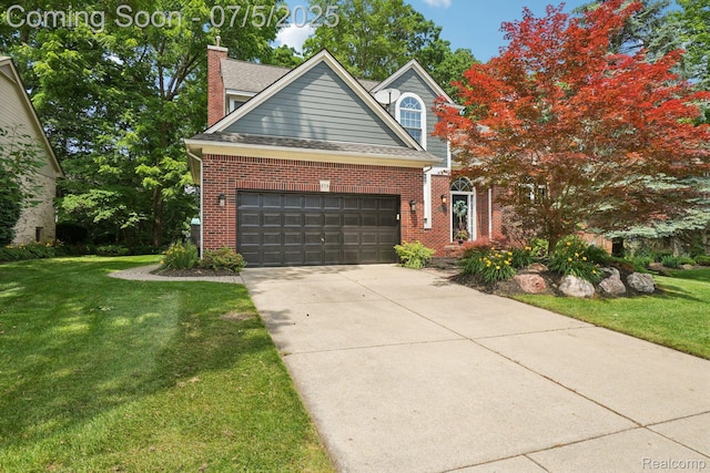 678 Twin Oaks Ct, Rochester Hills, MI 48307 - traditional-style home with a front yard, concrete driveway, a chimney, a garage, and brick siding