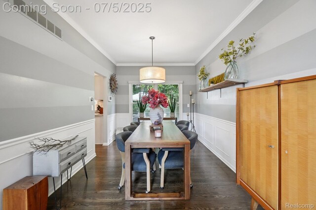 678 Twin Oaks Ct, Rochester Hills, MI 48307 - dining space with a wainscoted wall, crown molding, wood finished floors, and a decorative wall