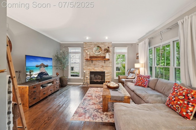 678 Twin Oaks Ct, Rochester Hills, MI 48307 - living room with ornamental molding, dark wood-type flooring, a fireplace, and recessed lighting