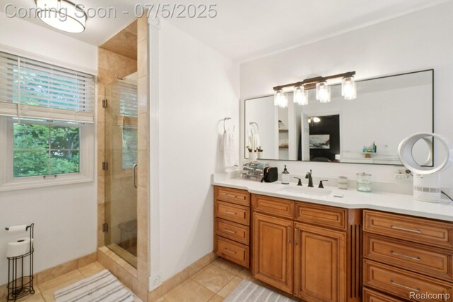 678 Twin Oaks Ct, Rochester Hills, MI 48307 - bathroom with vanity, tile patterned floors, and a stall shower