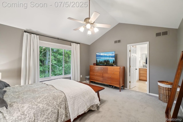 678 Twin Oaks Ct, Rochester Hills, MI 48307 - bedroom with light colored carpet, high vaulted ceiling, ceiling fan, and connected bathroom