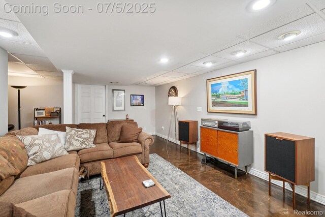678 Twin Oaks Ct, Rochester Hills, MI 48307 - living room featuring finished concrete flooring and a paneled ceiling