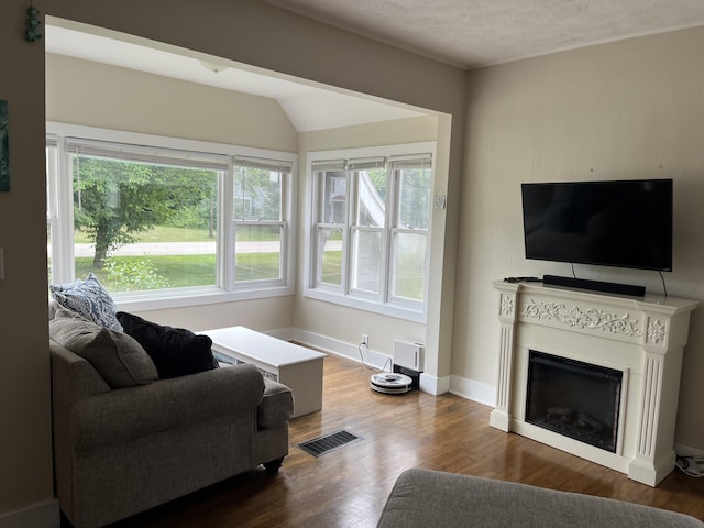 3925 Miramar Ave NE, Grand Rapids, MI 49525 - living room featuring wood finished floors, a fireplace, and a textured ceiling