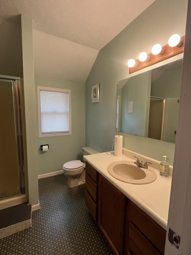 3925 Miramar Ave NE, Grand Rapids, MI 49525 - bathroom with a stall shower, lofted ceiling, vanity, and a textured ceiling