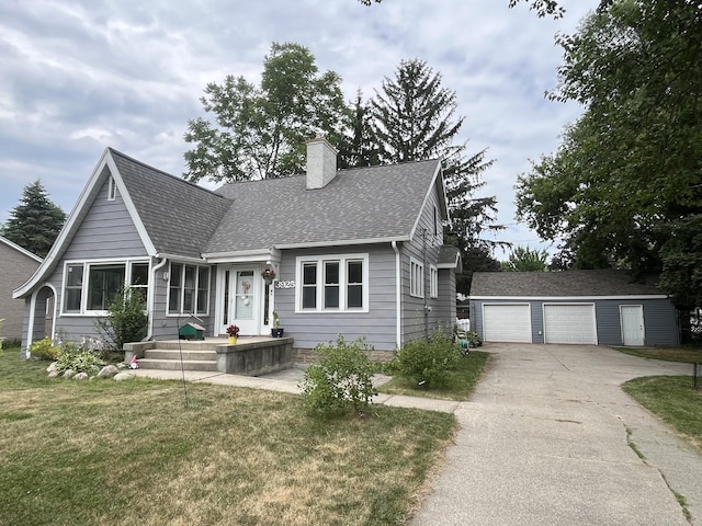 3925 Miramar Ave NE, Grand Rapids, MI 49525 - view of front of home featuring a chimney, an outdoor structure, a shingled roof, a front lawn, and a garage