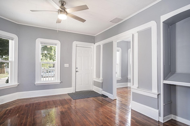 816 Oakhill St SE, Grand Rapids, MI 49507 - foyer entrance with hardwood / wood-style flooring, ornamental molding, and ceiling fan