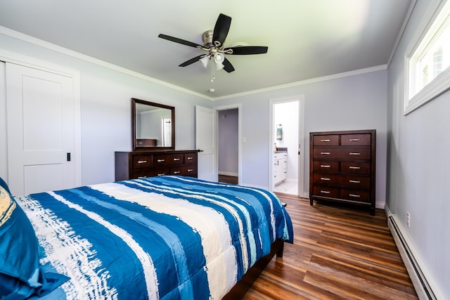 6828 First Ave, Coloma, MI 49038 - bedroom featuring a baseboard radiator, dark wood-style floors, crown molding, a ceiling fan, and ensuite bathroom