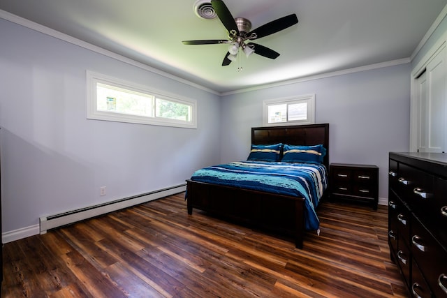 6828 First Ave, Coloma, MI 49038 - bedroom featuring baseboard heating, multiple windows, wood finished floors, and crown molding