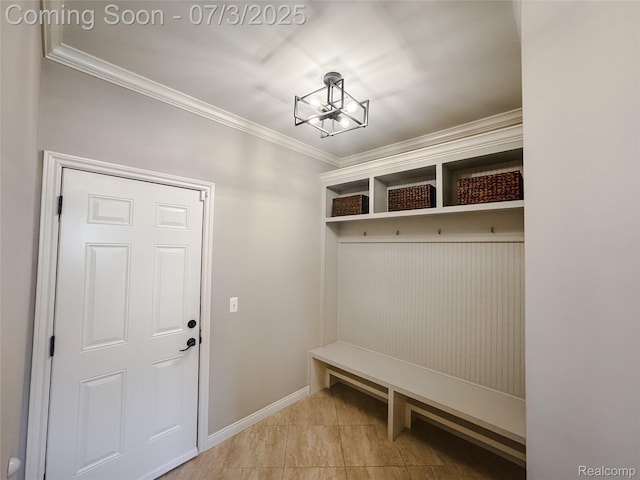 15330 Prentice Ct, Macomb, MI 48042 - mudroom featuring a chandelier and crown molding