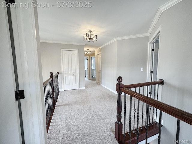 15330 Prentice Ct, Macomb, MI 48042 - corridor featuring an upstairs landing, carpet, ornamental molding, and a chandelier
