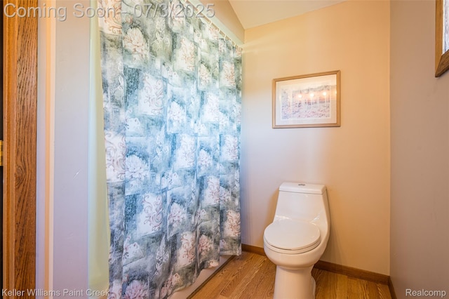 1379 Sioux St, Gladwin, MI 48624 - bathroom featuring wood finished floors and a shower with shower curtain