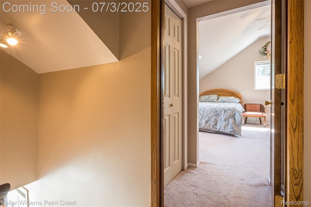 1379 Sioux St, Gladwin, MI 48624 - hallway with lofted ceiling and carpet flooring