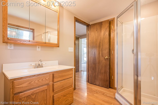 1379 Sioux St, Gladwin, MI 48624 - bathroom with vanity, wood finished floors, and a stall shower