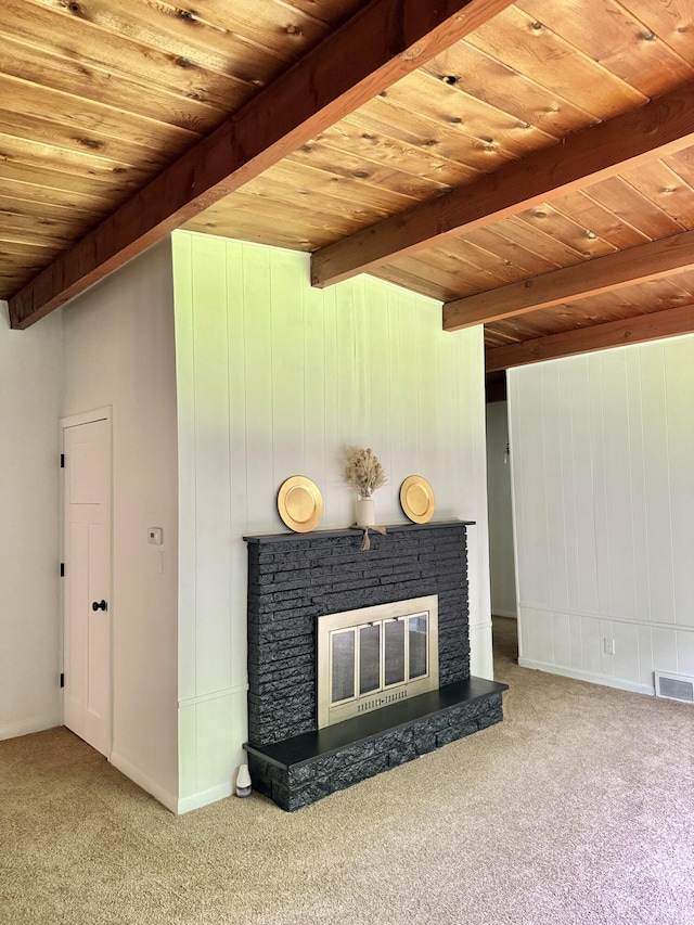 7350 N 46th St, Augusta, MI 49012 - unfurnished living room featuring carpet, a glass covered fireplace, and a wooden ceiling with exposed beams