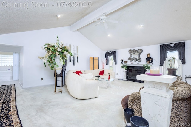 52448 Cedar Mill Dr, Macomb, MI 48042 - living room featuring carpet, a fireplace with flush hearth, a ceiling fan, and recessed lighting