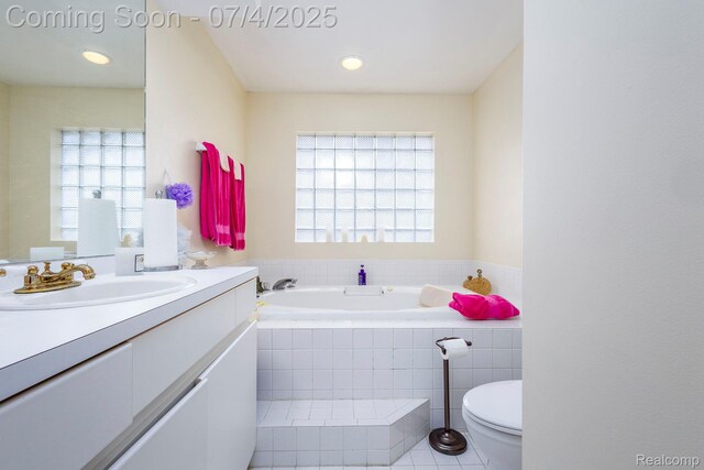 52448 Cedar Mill Dr, Macomb, MI 48042 - bathroom featuring vanity, a bath, tile patterned flooring, and recessed lighting