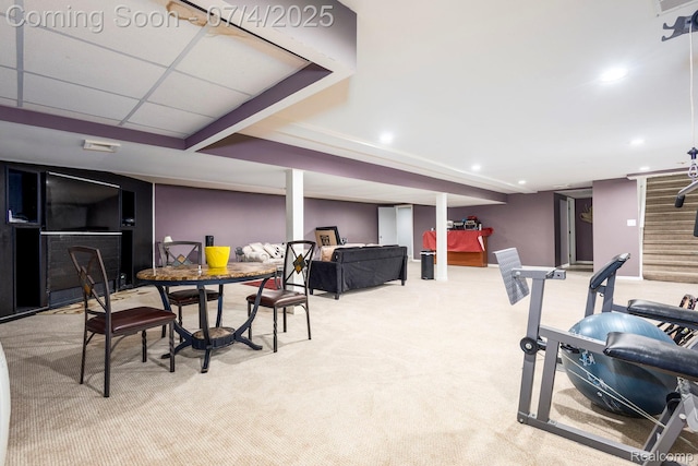 52448 Cedar Mill Dr, Macomb, MI 48042 - dining space featuring stairs, light carpet, and recessed lighting