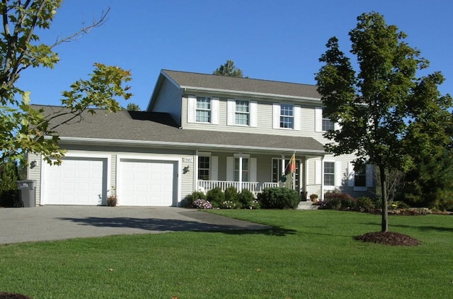 7987 36th St SE, Ada, MI 49301 - colonial house featuring a porch, a garage, concrete driveway, and a front lawn