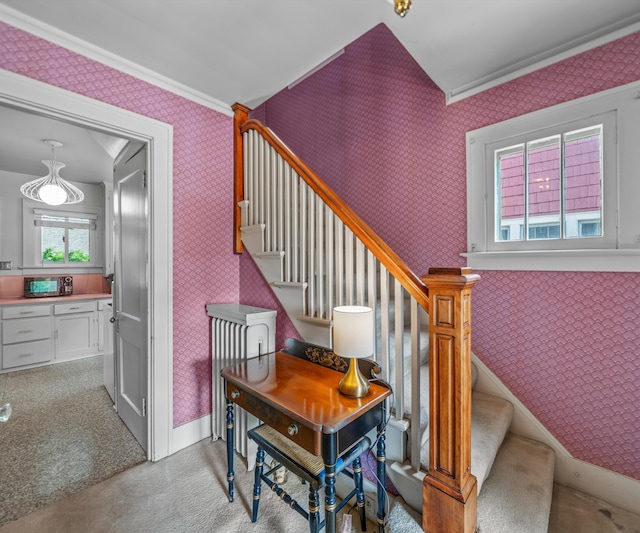 216 Kenwood Ave, Ann Arbor, MI 48103 - stairs with wallpapered walls and crown molding