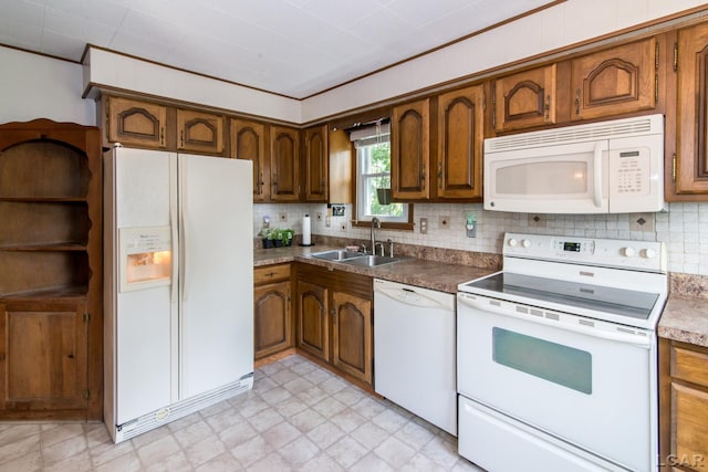 407 Flowerdale St, Ferndale, MI 48220 - kitchen featuring white appliances, backsplash, brown cabinetry, and ornamental molding