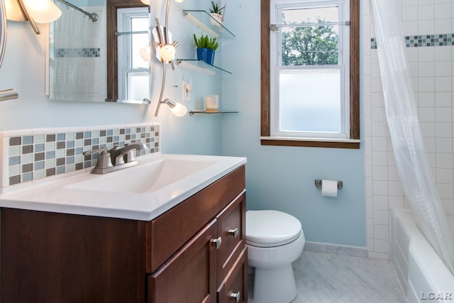 407 Flowerdale St, Ferndale, MI 48220 - bathroom with vanity, healthy amount of natural light, shower / bathtub combination with curtain, and decorative backsplash