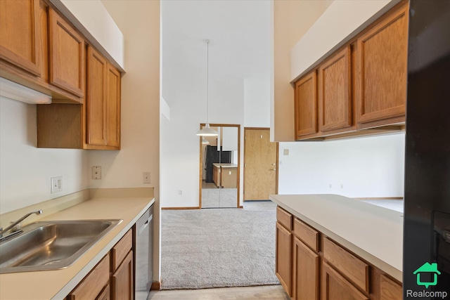 45833 Wildrye Ct, Van Buren, MI 48111 - kitchen featuring light countertops, stainless steel dishwasher, brown cabinets, and a high ceiling