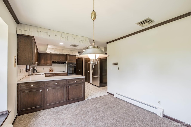 6674 Balmoral Ter, Clarkston, MI 48346 - kitchen featuring baseboard heating, black appliances, dark brown cabinetry, under cabinet range hood, and ornamental molding