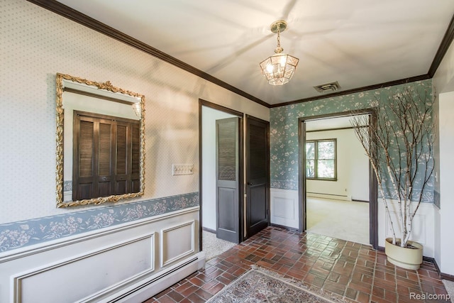 6674 Balmoral Ter, Clarkston, MI 48346 - bathroom featuring wallpapered walls, brick floors, baseboard heating, crown molding, and a chandelier