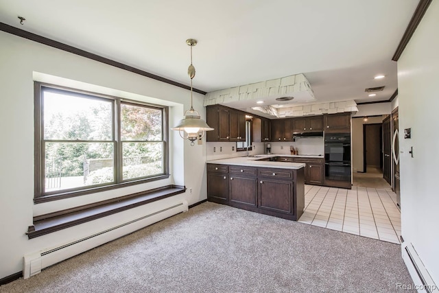 6674 Balmoral Ter, Clarkston, MI 48346 - kitchen with baseboard heating, dark brown cabinets, light countertops, light colored carpet, and under cabinet range hood