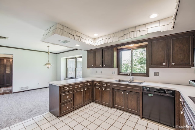 6674 Balmoral Ter, Clarkston, MI 48346 - kitchen with dishwasher, dark brown cabinets, a peninsula, light countertops, and light carpet
