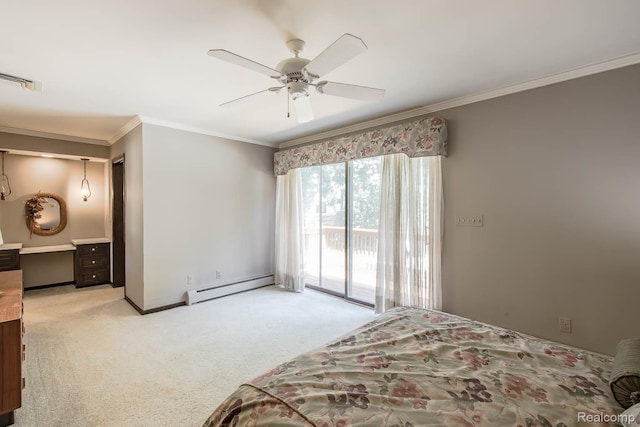 6674 Balmoral Ter, Clarkston, MI 48346 - unfurnished bedroom featuring a baseboard heating unit, access to outside, light carpet, ornamental molding, and a ceiling fan
