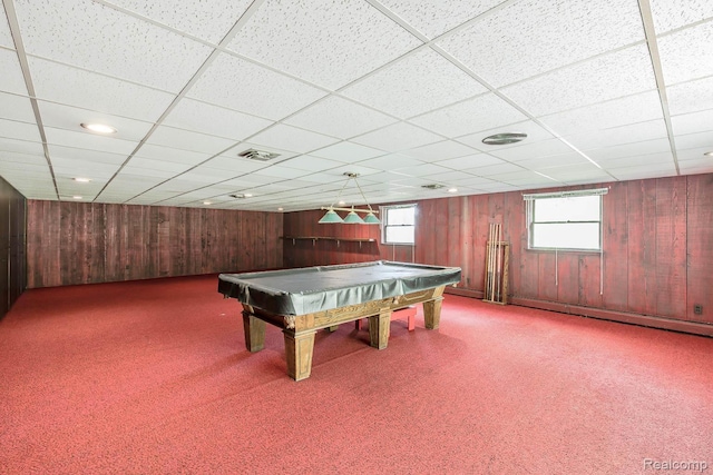 6674 Balmoral Ter, Clarkston, MI 48346 - playroom with wooden walls, carpet floors, a paneled ceiling, a baseboard heating unit, and pool table