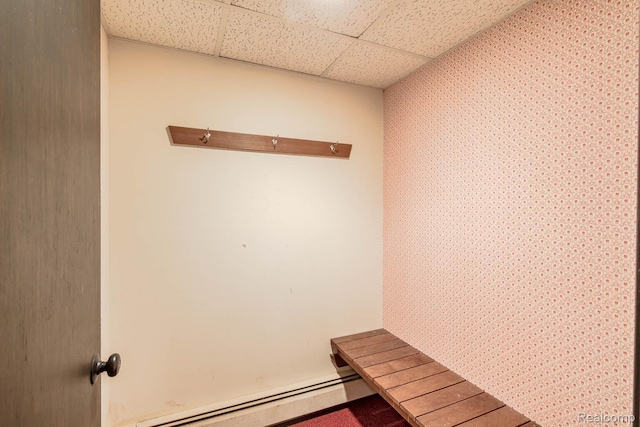 6674 Balmoral Ter, Clarkston, MI 48346 - mudroom featuring a baseboard heating unit, a paneled ceiling, and wallpapered walls