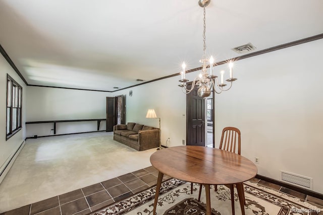 6674 Balmoral Ter, Clarkston, MI 48346 - dining space featuring ornamental molding, a chandelier, baseboard heating, and tile patterned floors